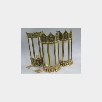 Set of Three Brass and Frosted Glass Wall Sconces and an Architectural Arts & Crafts Leaded Glass Window. 