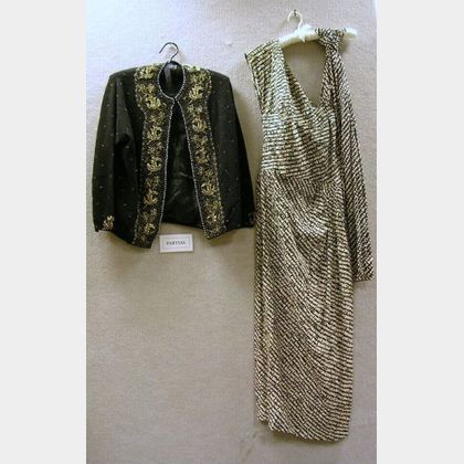Vintage Beaded Black Dress, Sequined Black and White Print Dress, Two Vintage Beaded Sweaters and a Sequined Sweater. 