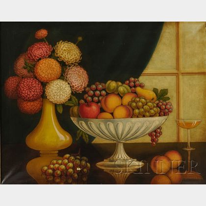 American School, 20th Century Still Life with Fruit in a Compote and Vase of Zinnias.