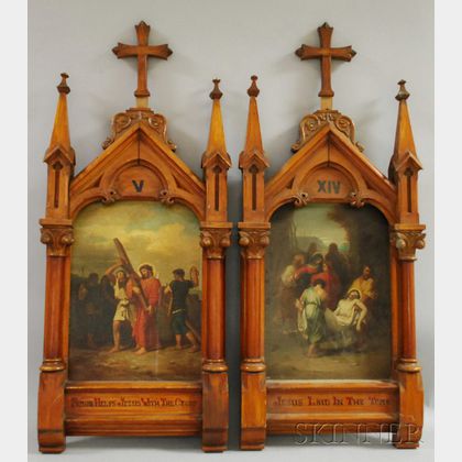 Continental School, 19th/20th Century Lot of Two Oil Paintings of Stations of the Cross, in Gothic-style Frames: Simon Helps Jesus w...