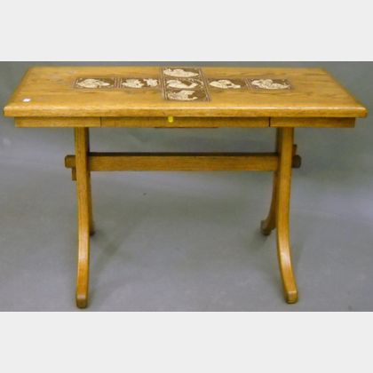 Contemporary Tile-inset Oak Bentwood Trestle-base Table with Drawer.