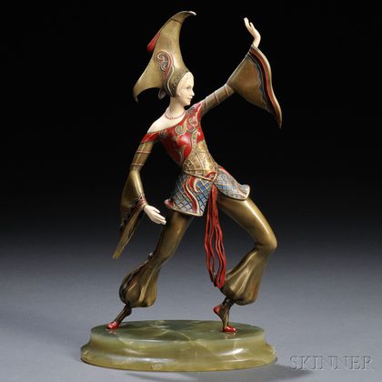 Cast After a Model by Gerda Iro Gerdago (fl. Early 20th Century) Art Deco Bronze and Ivory Enamel-decorated Figure of a Dancer