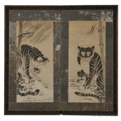Two-panel Folding Screen Depicting Tigers