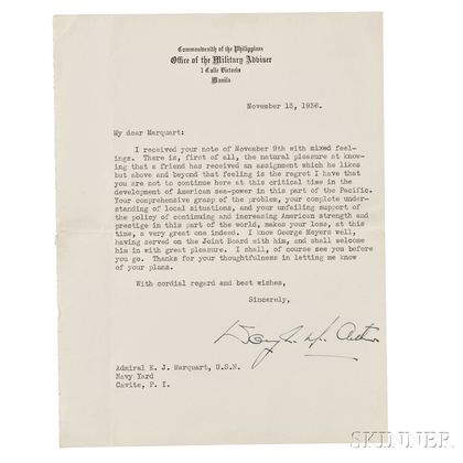 MacArthur, Douglas A. Typewritten Letter Signed, 13 November 1936.