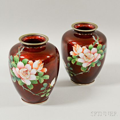 Pair of Red Ginbari Cloisonne Vases