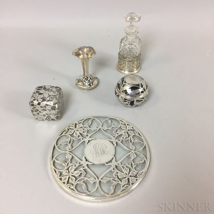 Four Pieces of Glass and Sterling Silver-mounted Tableware