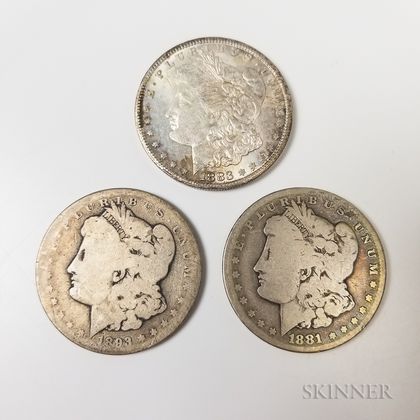 1881-CC, 1883-CC, and 1893-CC Morgan Dollars. Estimate $200-400