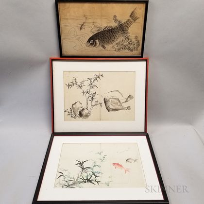 Three Drawings of Fish and Reeds