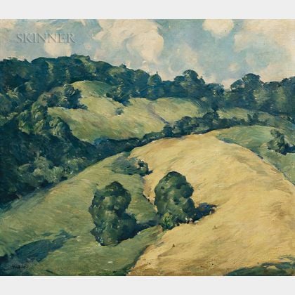 Justus Pfeiffen (American, 20th Century) Summer Landscape with Hayfield and Rolling Hills