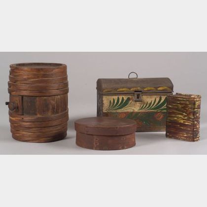 Small Wooden Keg, Covered Oval Box, Painted Tin Trunk, and a Bennington Book Flask