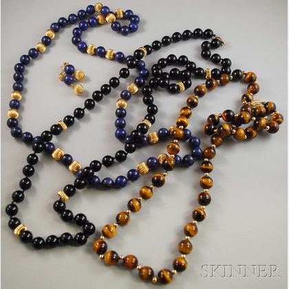 Three 14kt Gold and Hardstone Bead Necklaces