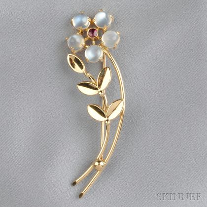 14kt Gold, Moonstone, and Ruby Flower Brooch, Tiffany & Co.