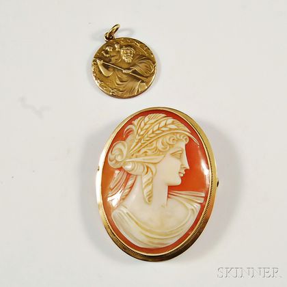 Cameo Brooch and 9kt Gold St. Christopher Medal