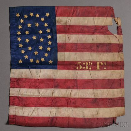 Civil War Pennsylvania 53rd Regiment Pieced and Gilt-stenciled Silk American Flag