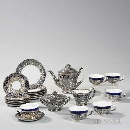 Blue and White Porcelain Tea Service with Sterling Silver Decoration