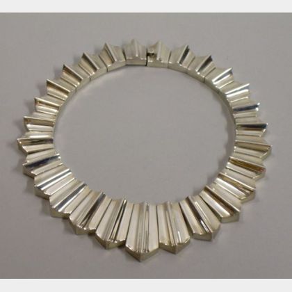 Large Taxco Silver Linen-fold Link Fringe Necklace. 