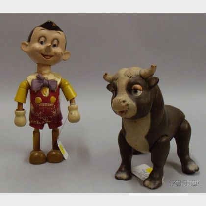 Ideal Composition Articulated Pinocchio and Ferdinand the Bull Disney Figures