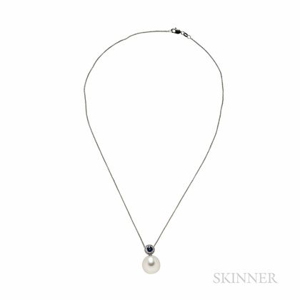 14kt White Gold, South Sea Pearl, and Sapphire Pendant