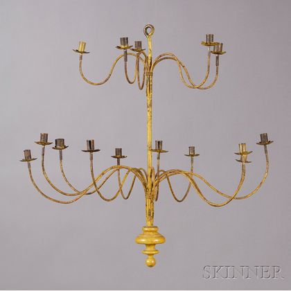 Two-Tier Fifteen-Light Wrought Iron and Wood Chandelier