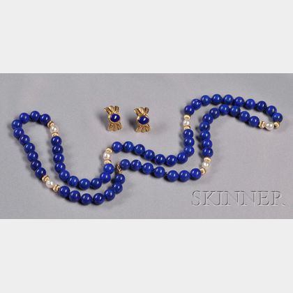 14kt Gold and Lapis Necklace and Earclips