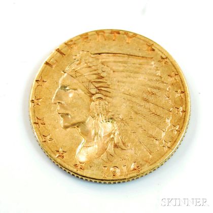 1914-D Indian Head Two and a Half Dollar Gold Coin. Estimate $200-300