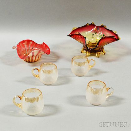 Set of Four Pomona Art Glass Punch Cups, a Victorian Enameled Glass Dish, and an Overlay Glass Dish. Estimate $175-225
