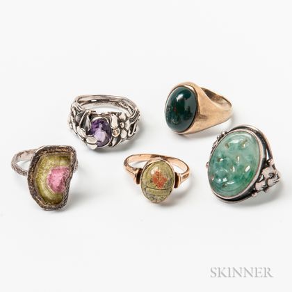 Two 14kt Gold and Hardstone Rings and Three Sterling Silver Rings