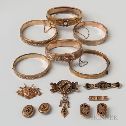 Group of Victorian Gold-filled Bangles, Enameled Brooches, and Cuff Links