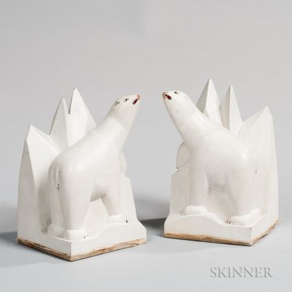 Pair of Carved and Painted Polar Bear and Iceberg Bookends