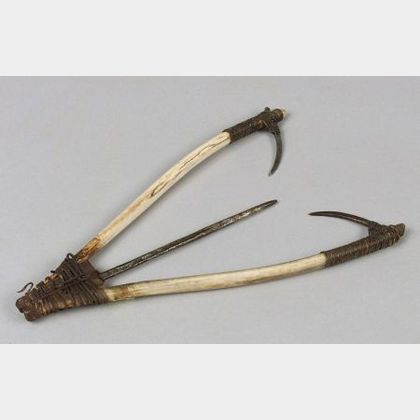 Large Inuit Bone, Metal, Hide, and Wood Fish Spearhead