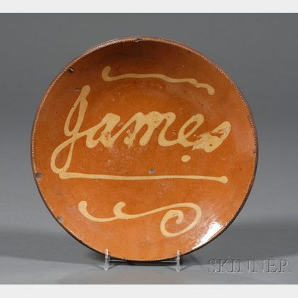 Redware Plate with Yellow Slip "James,"