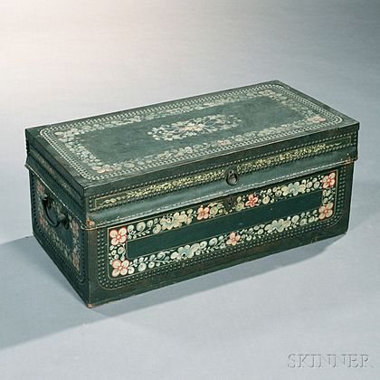 Green-painted and Decorated Brass-bound Camphor Wood and Leather Chest