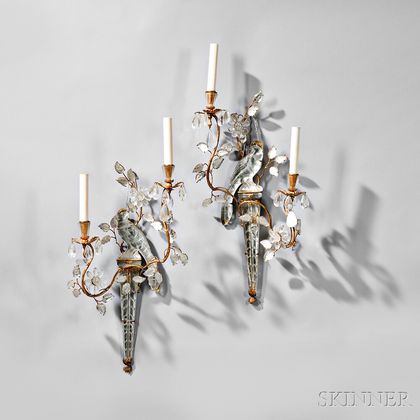 Pair of Two-light Crystal Parrot Wall Sconces