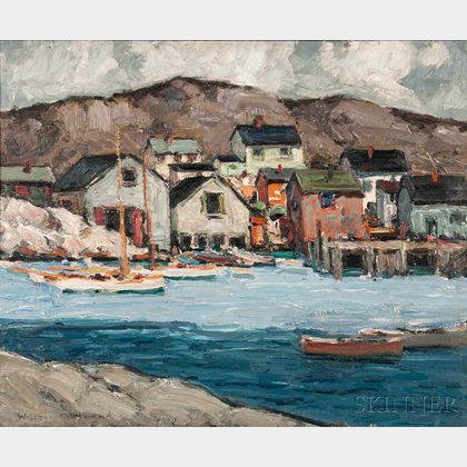 Walter Farndon (American, 1876-1964) Harbor View with Schooners and Cottages
