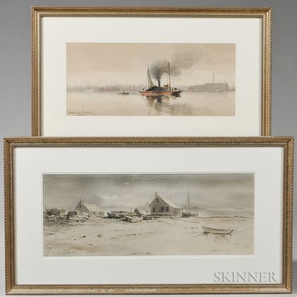 Two Framed 19th/20th Century American Watercolors: Hendricks A. Hallett (1847-1921),Barge and Tug in an Urban Harbor