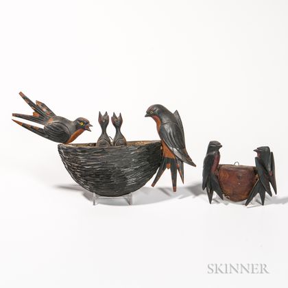 Two Carved and Polychrome Painted Birds in Nests