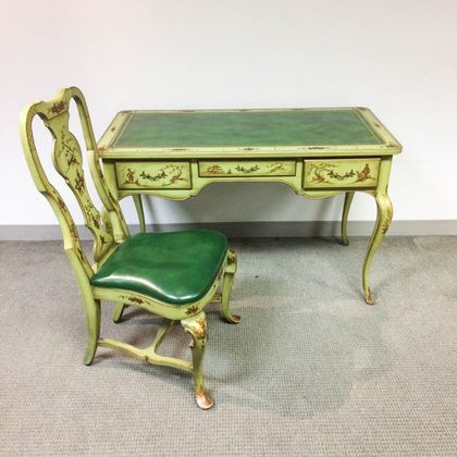 Rococo-style Green-painted Chinoiserie-decorated Desk and Side Chair