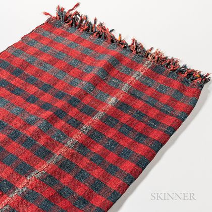 Blue and Red Wool Woven Coverlet