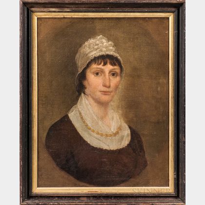 American School, Early 19th Century Portrait of a Woman in a Russet-colored Dress and Gold Necklace