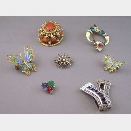 Two Costume Paste Clips, a HAR and a Trifari Costume Brooch, Two Enameled Gilt Silver Butterfly Pins, and a Gol... 
