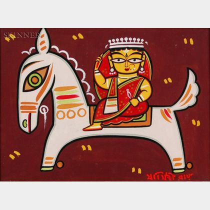 Jamini Roy (Indian, 1887-1972) Woman on Horseback, possibly the Queen of Jhansi