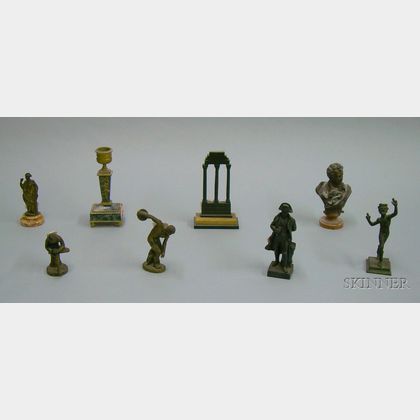 Six Continental Brass and Metal Figures, a Small Bronze Bust of Byron, and an Ormolu-mounted Marble Candlestick