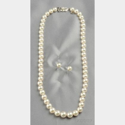 Cultured Pearl Necklace and Earstuds, Mikimoto