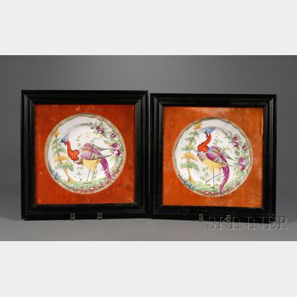 Pair of Framed Staffordshire Earthenware Hand-painted Plates