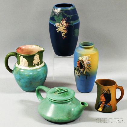 Two Pieces of Weller Pottery Dickensware, a Weller Vase, a Pisgah Pitcher, and an Art Pottery Teapot
