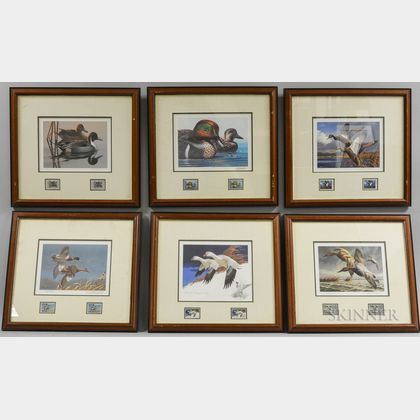 Six Framed Duck Prints with Stamps