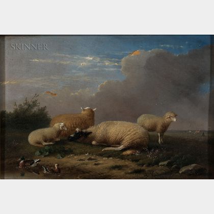 Franz Van Severdonck (Belgian, 1809-1889) Sheep Resting Beside a Pond