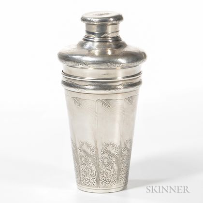 Tiffany & Co. Sterling Silver Acid-etched Cocktail Shaker, New York, 1907-32, with wheat motif, ht. 8 1/4 in., approx. 16.2 tr... 