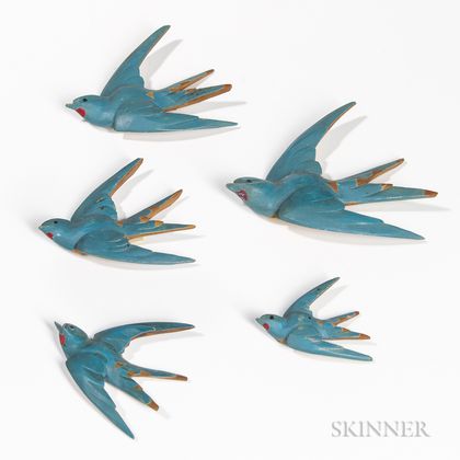Five Carved and Blue-painted Swallows