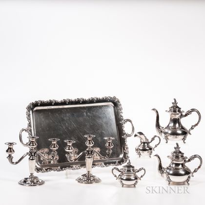 Five-piece German Sterling Silver Tea and Coffee Service with a Matching Pair of Three-light Candelabra